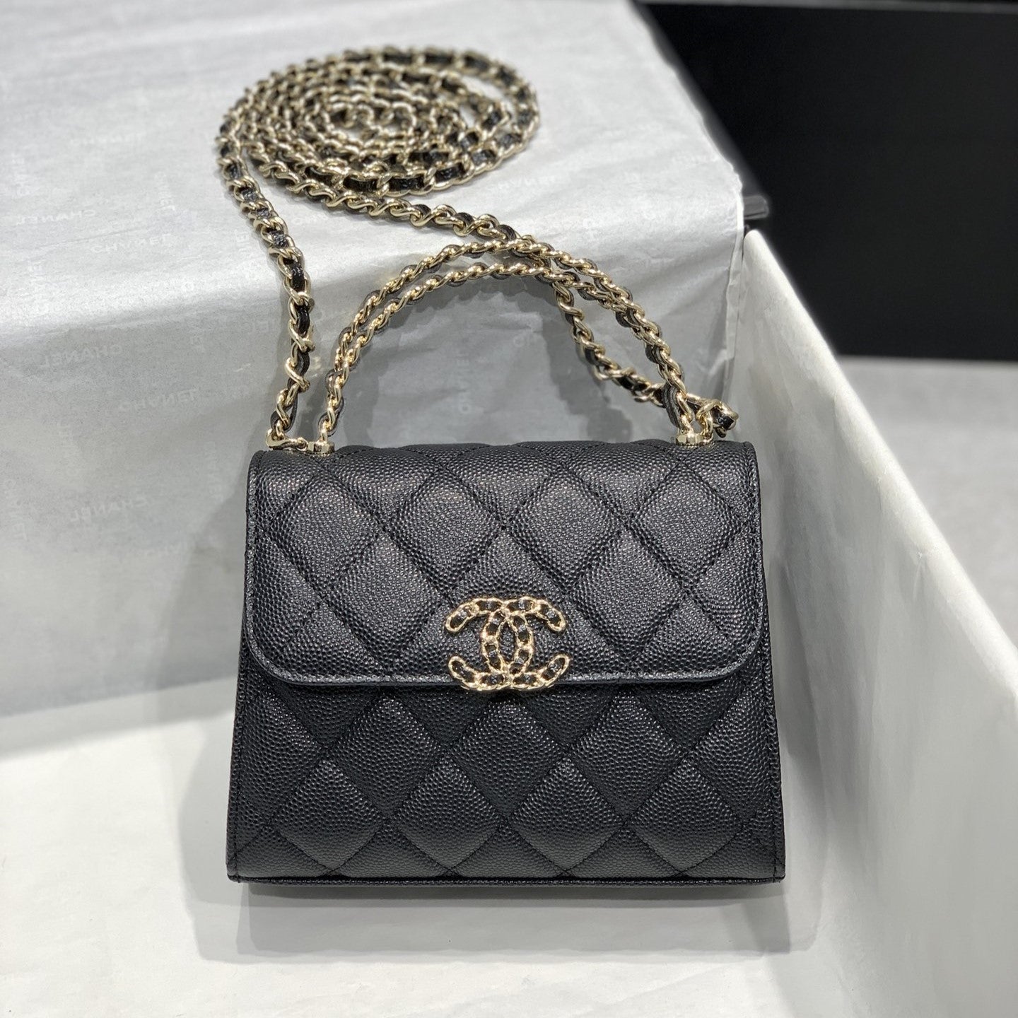 CHANEL 23P Flap Bag 15cm Black Caviar Gold Hardware