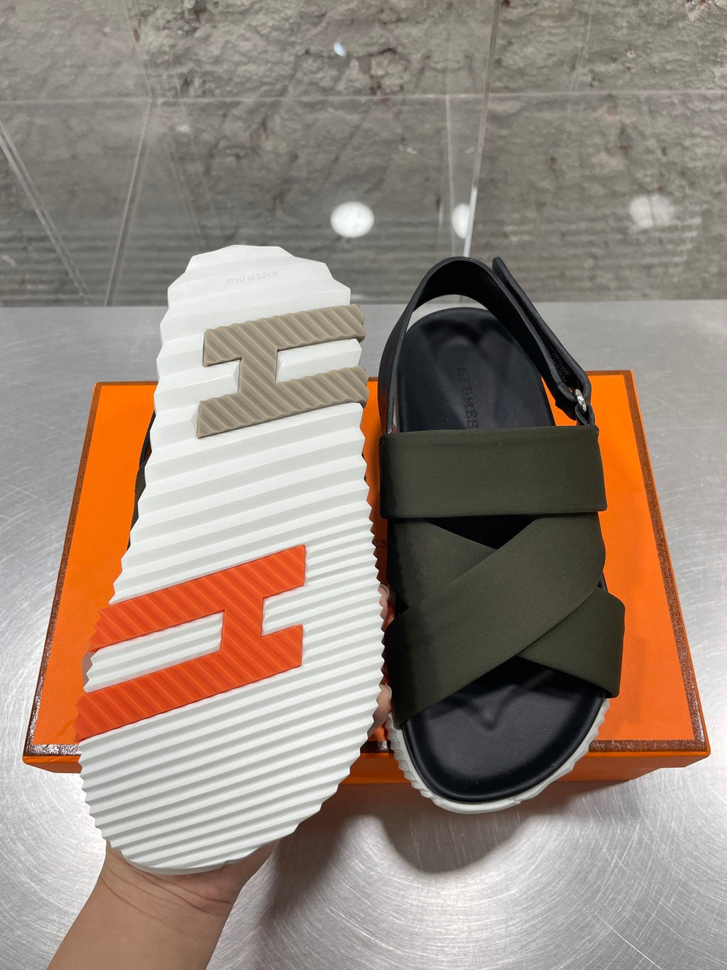 HERMES ELECTRIC SANDAL BLACK MIX DARK ARMY CALFSKIN