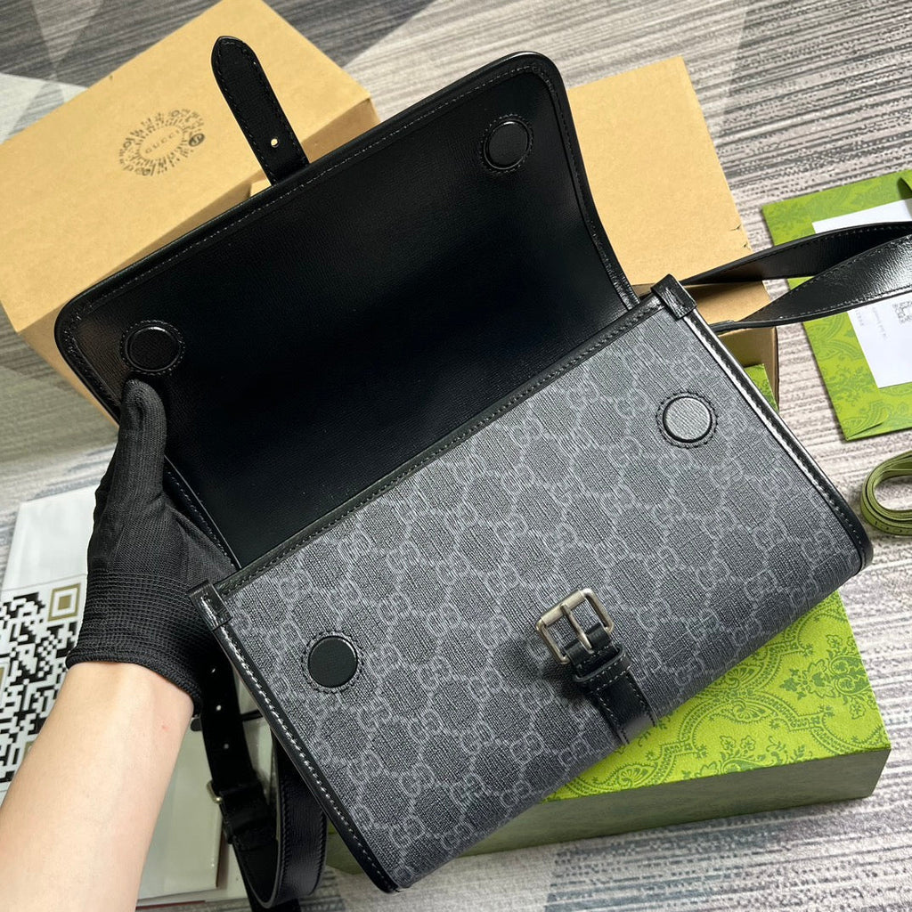 GUCCI MESSENGER BAG 25 IN DARK GREY CANVAS ANG BLACK CALFSKIN