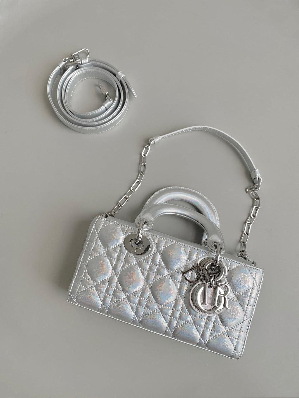 DIOR D-JOY BAG 22 IN SILVER LAMBSKIN