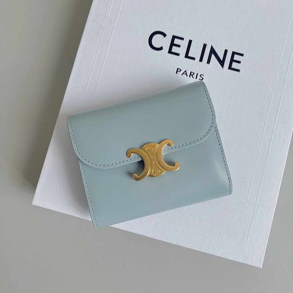 CELINE TRIPHOME 10 TRIFOLD WALLET CALFSKIN BLUE PASTEL