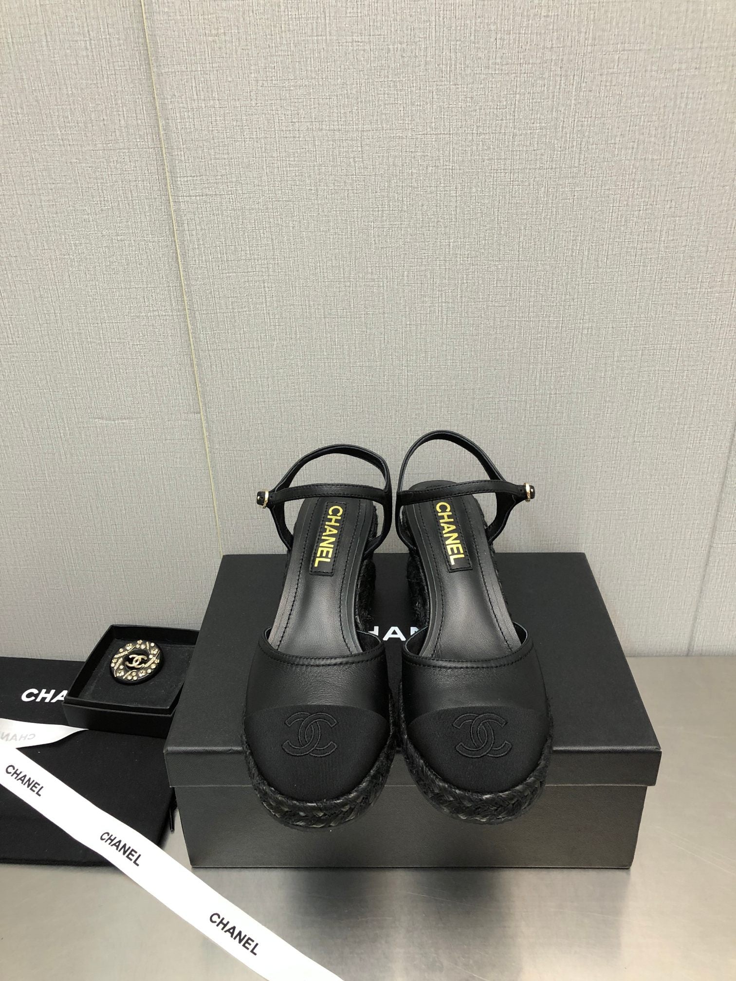 CHANEL MARY JANE WEDGE BLACK LAMBSKIN