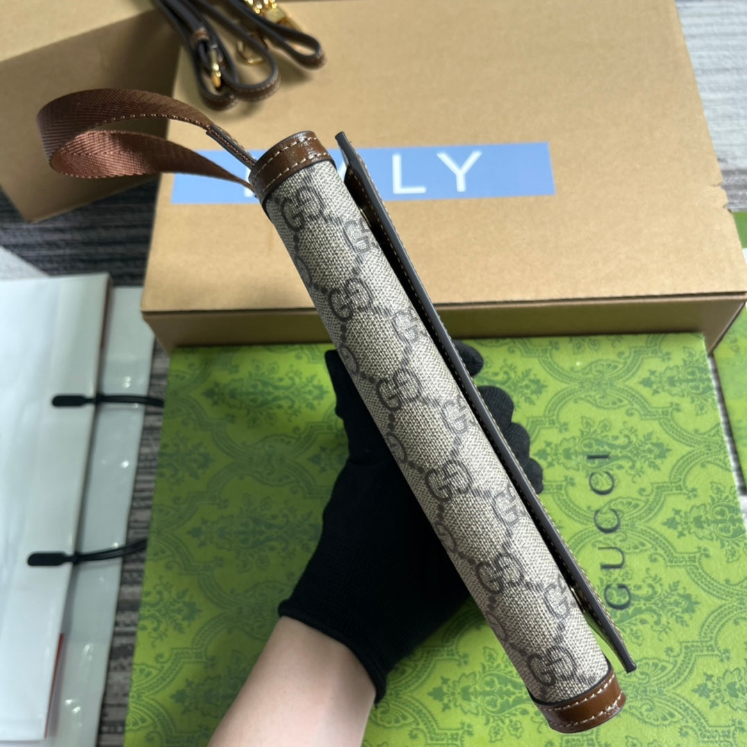 GUCCI CLASP CLUTCH 20 IN BEIGE CANVAS AND BROWN CALFSKIN
