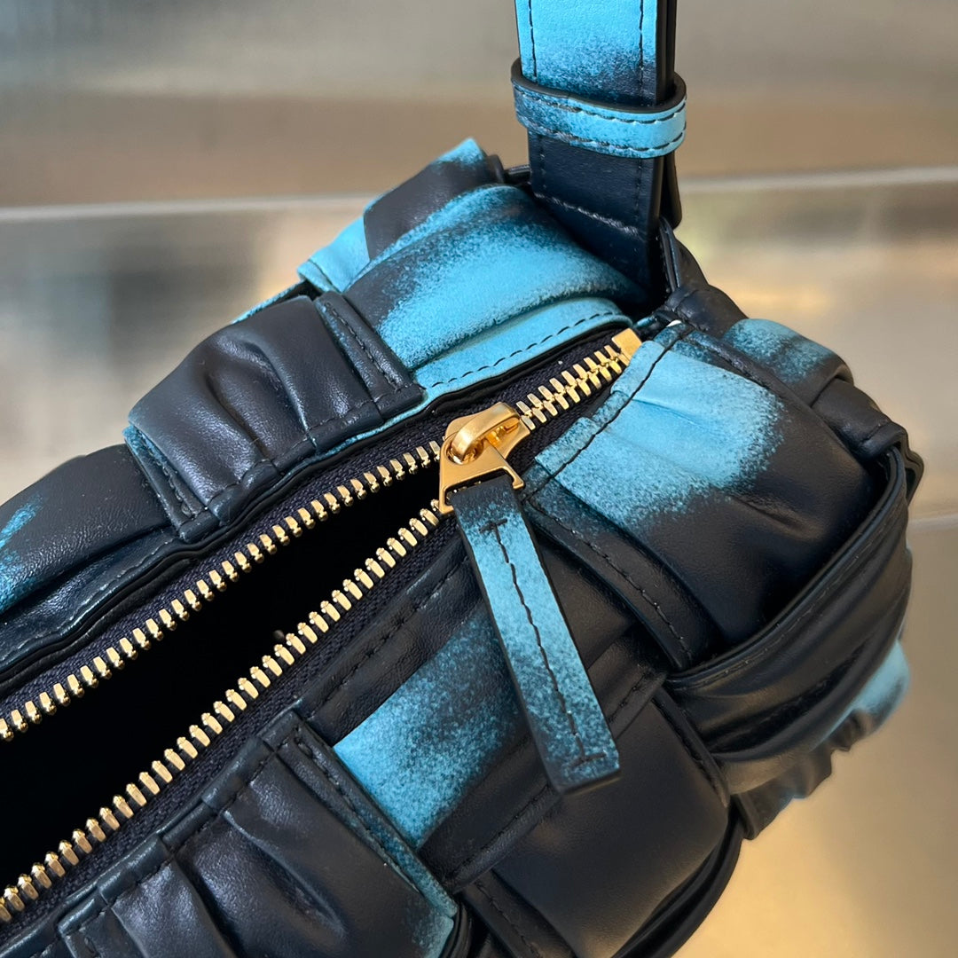 BOTTEGA VENETA SMALL BRICK CASSETTE 23 IN SKY BLUE MIX BLACK LAMBSKIN