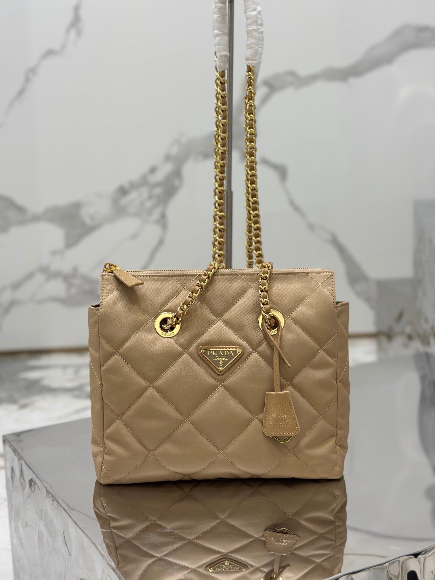 PRADA VINTAGE HOBO BAG 25 IN LIGHT FRENCH BEIGE QUILTED NYLON GOLD HARDWARE