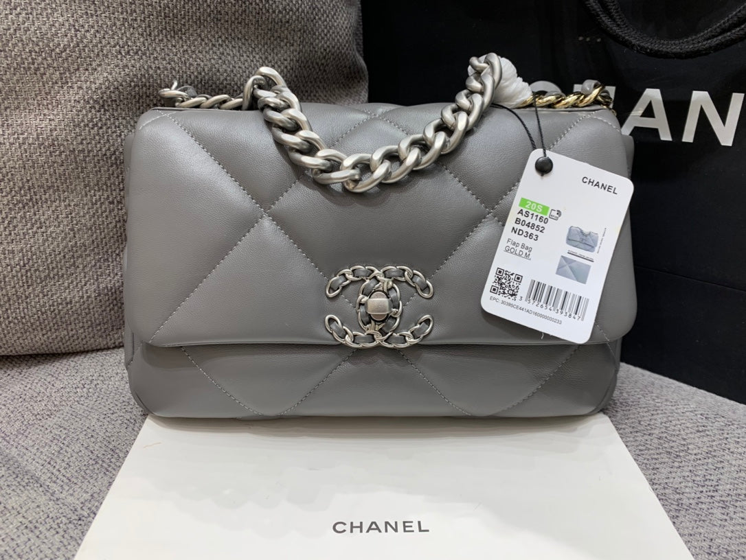 CHANEL 19 FLAP BAG 26 DARK GREY GOATSKIN SILVER HARDWARE