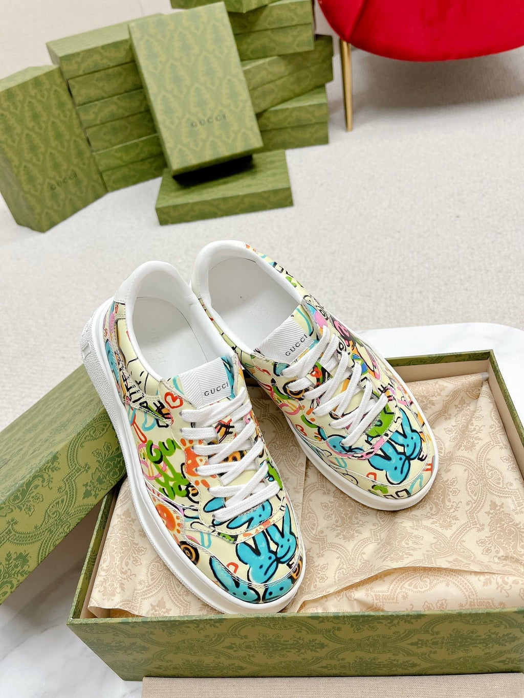 GUCCI TRAINER SAGE CALFSKIN WITH RABBIT PATTERN