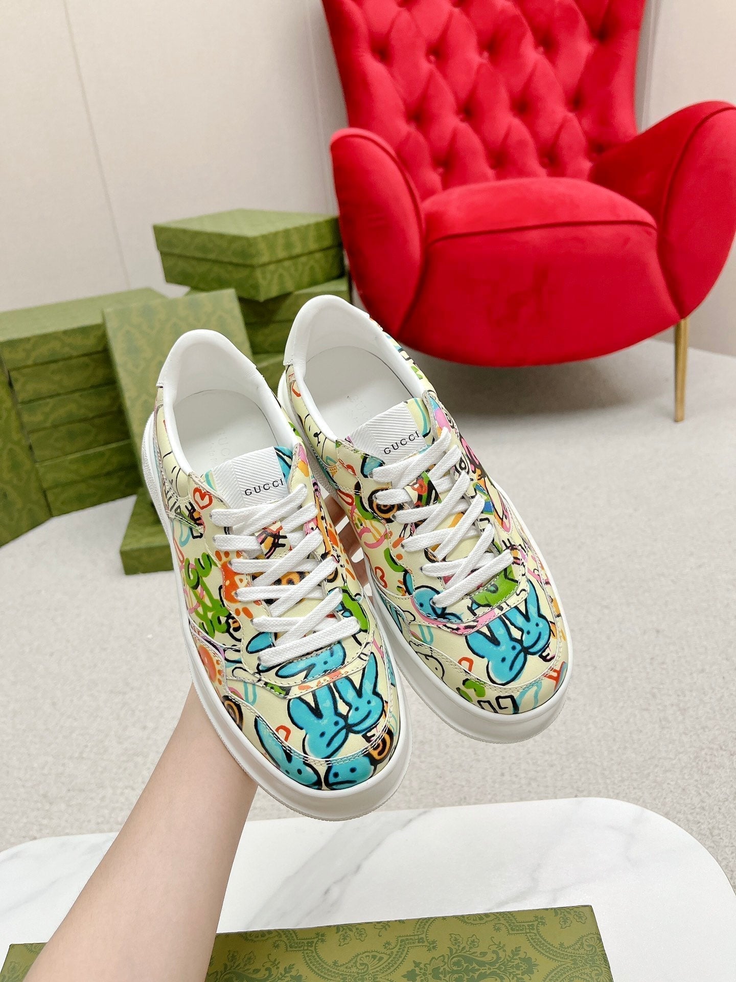 GUCCI TRAINER SAGE CALFSKIN WITH RABBIT PATTERN