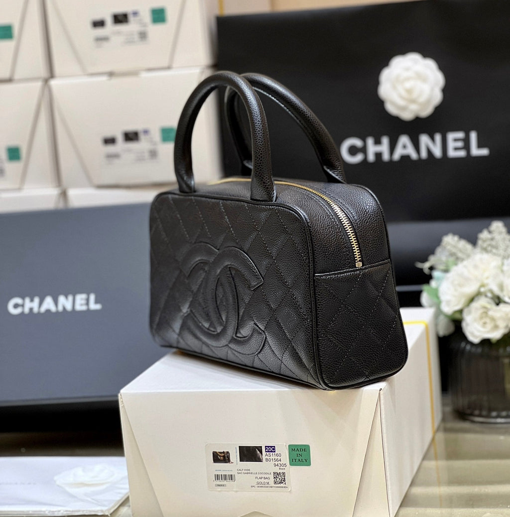 CHANEL 25S  QUILTED CAVIAR BOWLING BAG 27 IN BLACK CALFSKIN