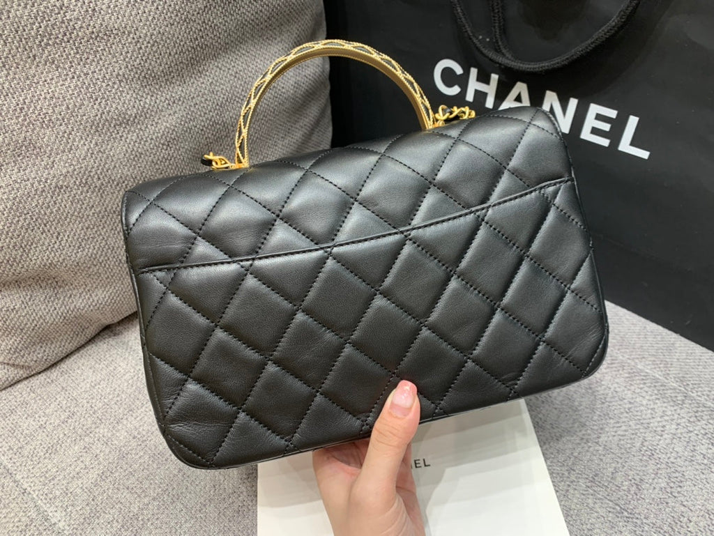 CHANEL SMALL FLAP BAG 24CM TOP HANDLE BLACK LAMBSKIN GOLD HARDWARE