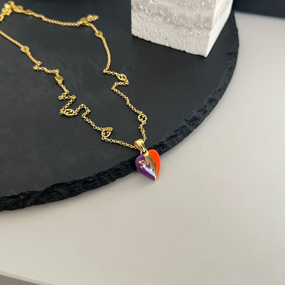 18K Double Gucci Interlocking Gucci Heart Lightning Charm Necklace