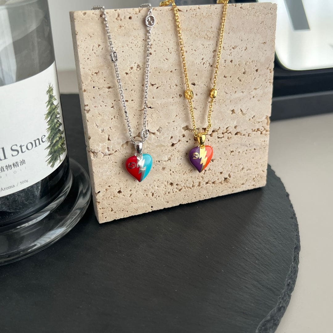 18K Double Gucci Interlocking Gucci Heart Lightning Charm Necklace
