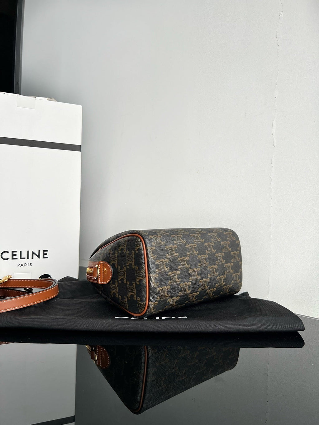CELINE BOSTON TRIPHOME 19 BLACK PATTERN CALFSKIN