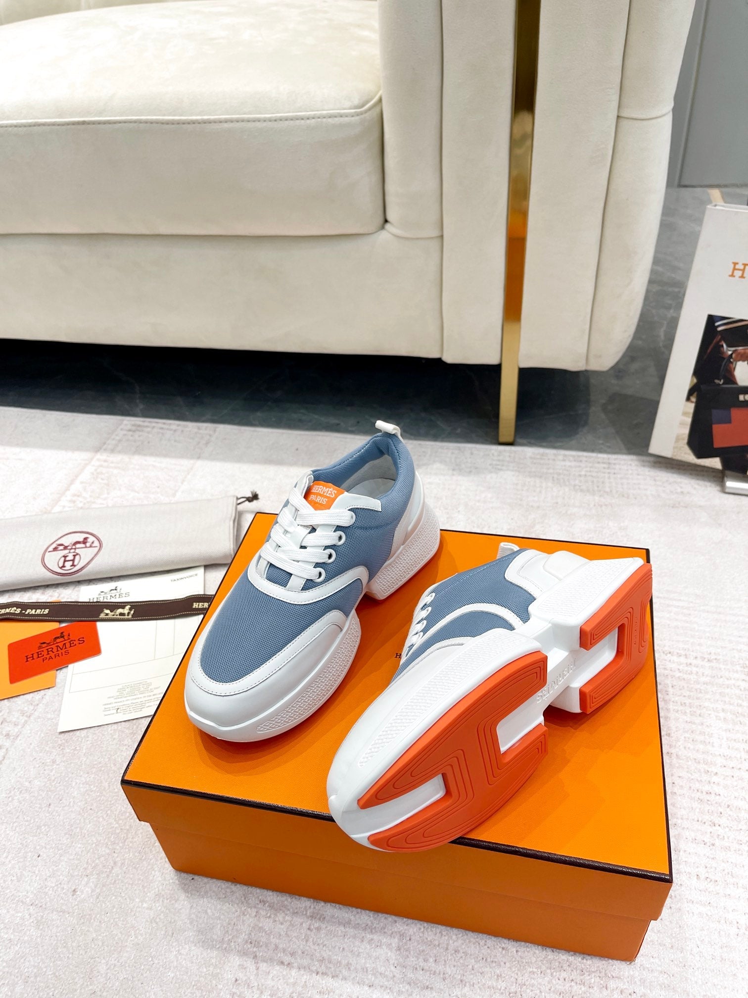 HERMES GIGA SNEAKER IN AEGEAN BLUE STITCHED MESH AND WHITE CALFSKIN