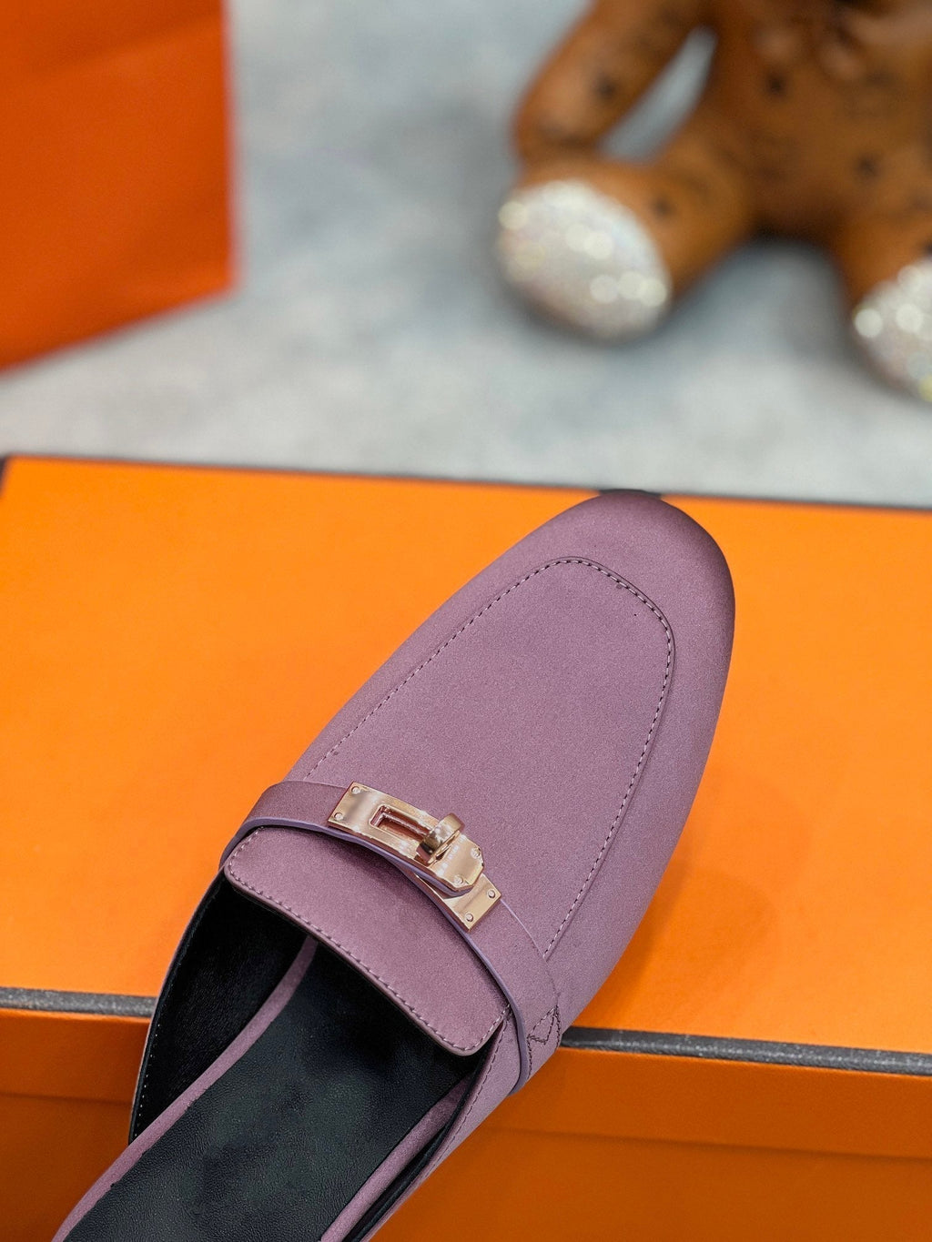 HERMES 0Z Mule Purple Silk Thick Cloth/Sheepskin