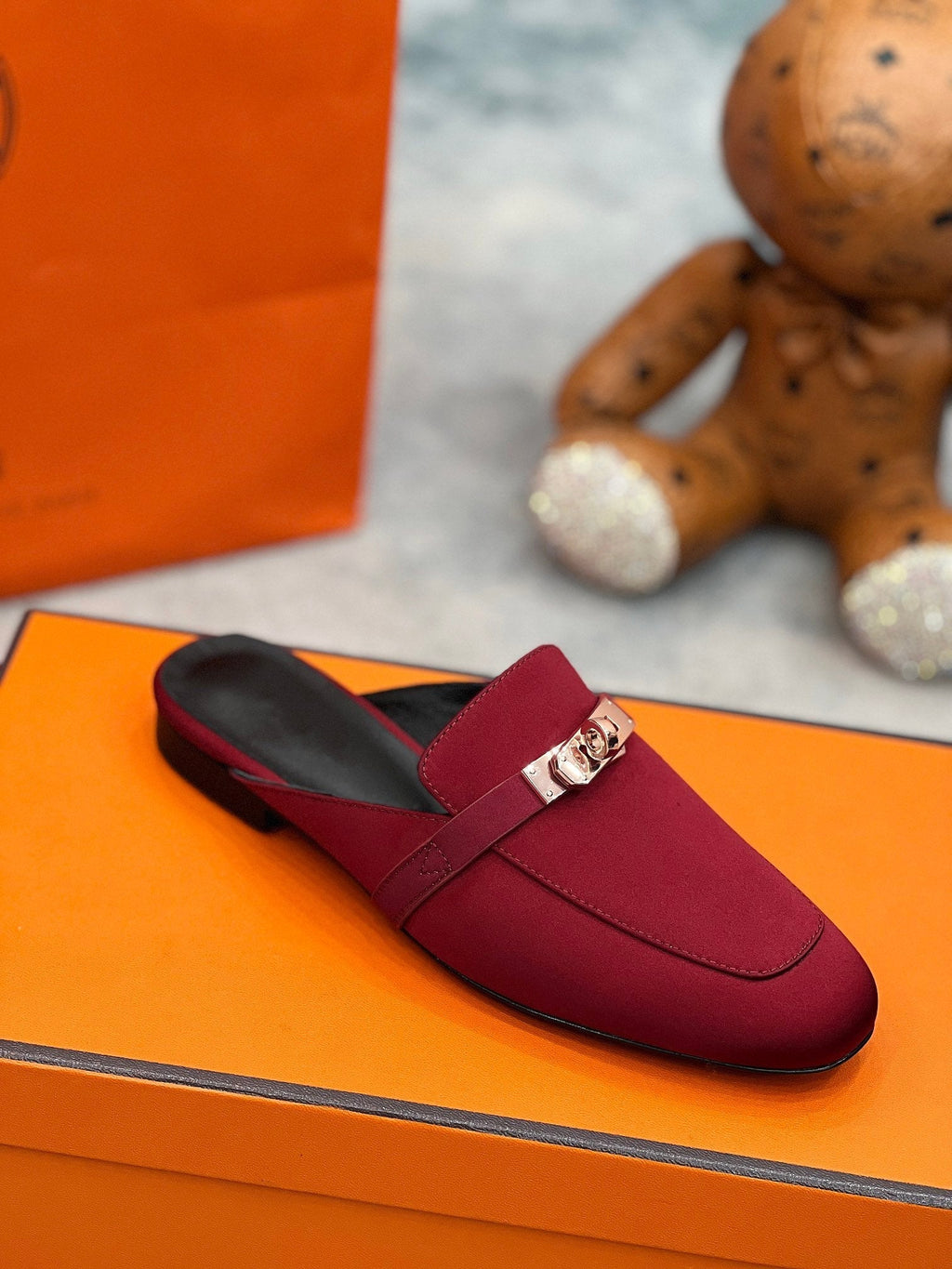 HERMES 0Z Mule Cherry Silk Thick Cloth/Sheepskin