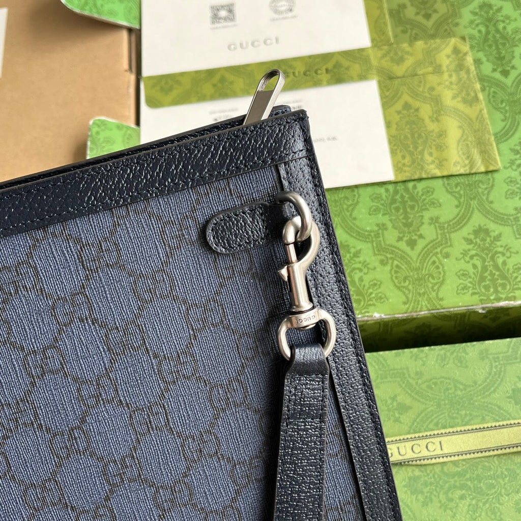 GUCCI OPHIDIA POUCH 26 IN DARK BLUE MONOGRAM CANVAS AND BLACK LAMBSKIN TRIM