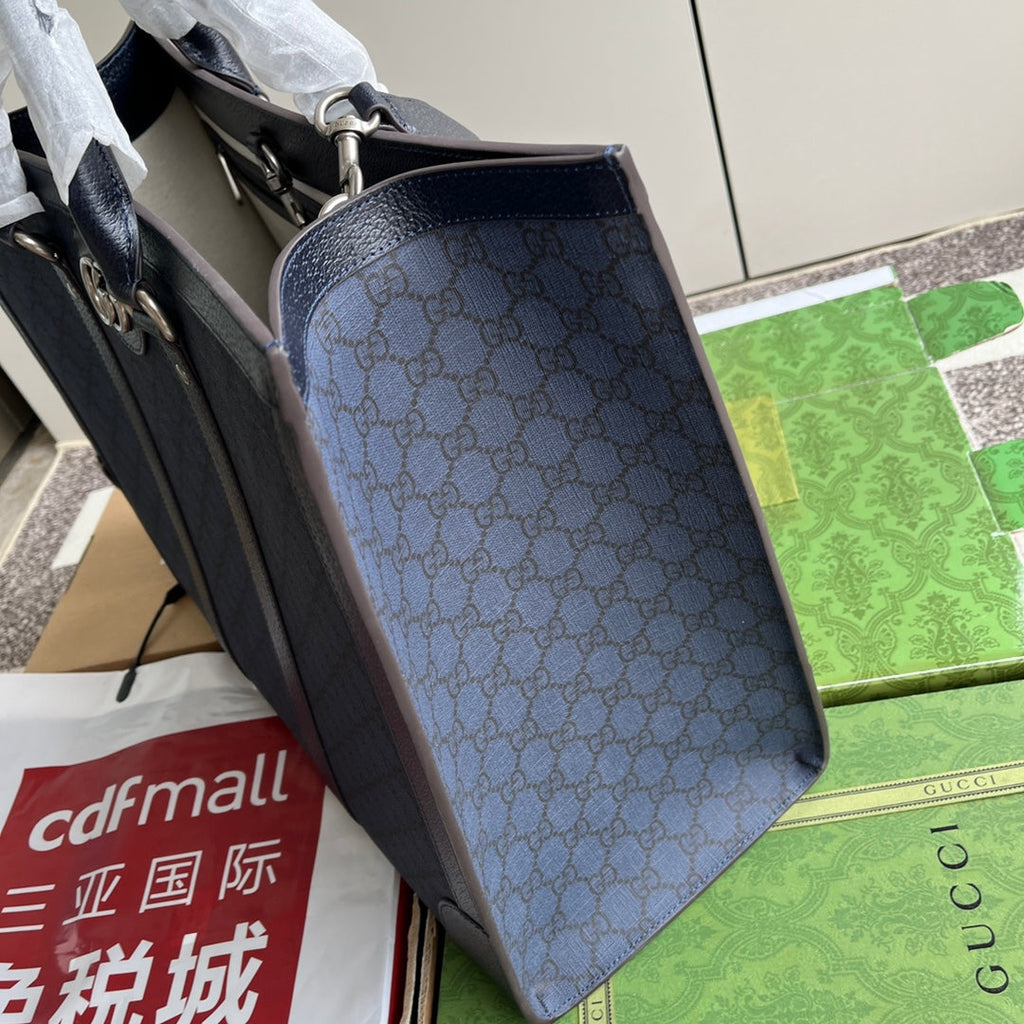 GUCCI OPHIDIA LARGE TOTE BAG 43 IN DARK BLUE AND BLACK  CALFSKIN