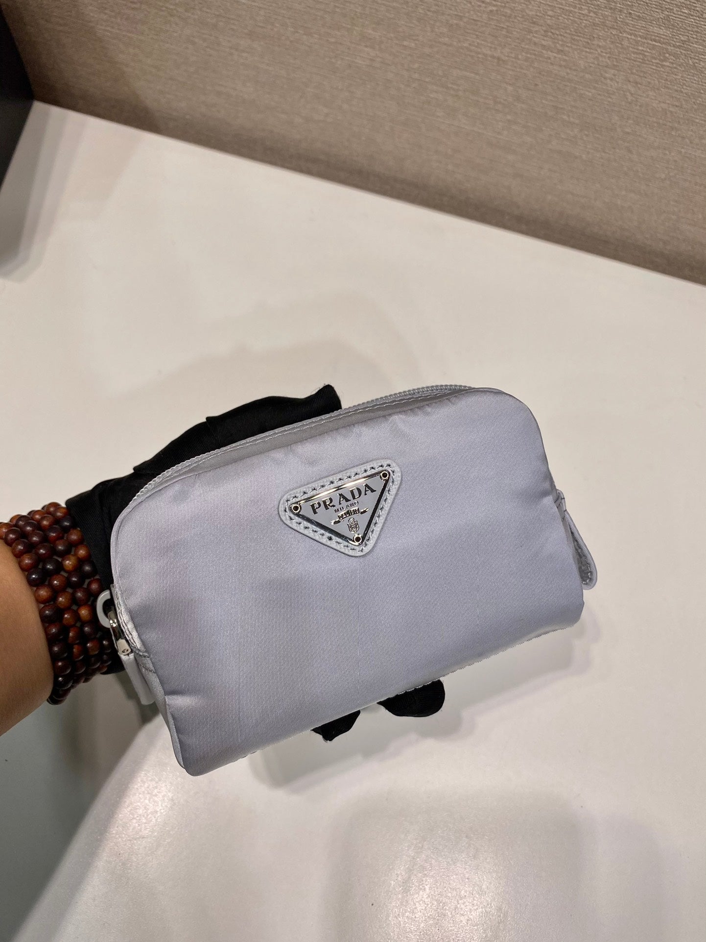 PRADA CLUTCH 12 IN LIGHT GREY RE-NYLON