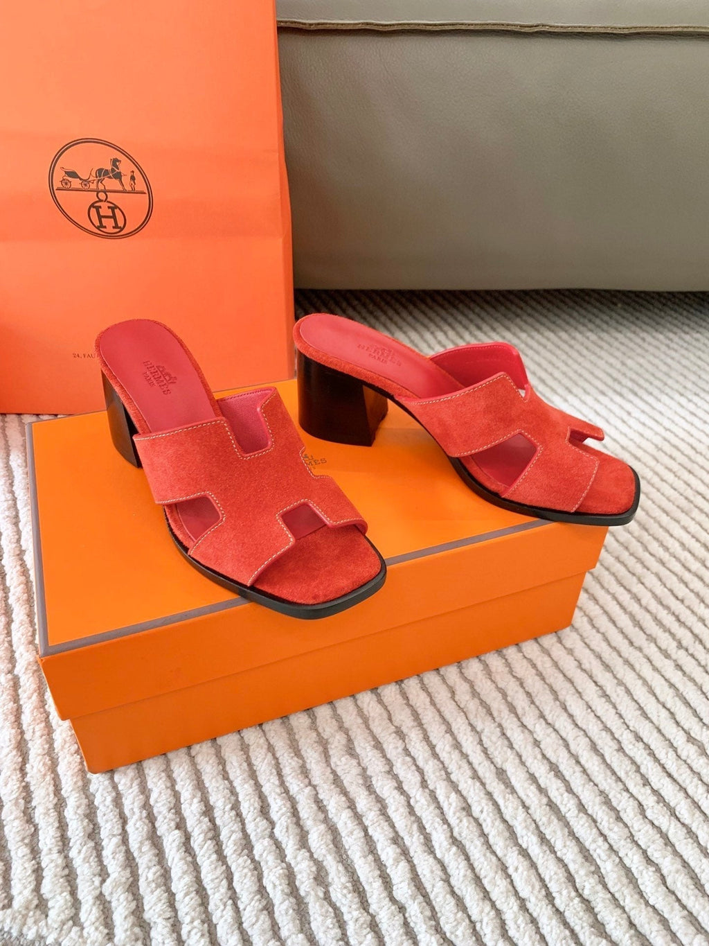 HERMES HELIA 60 SANDAL IN CHERRY RED SUEDE