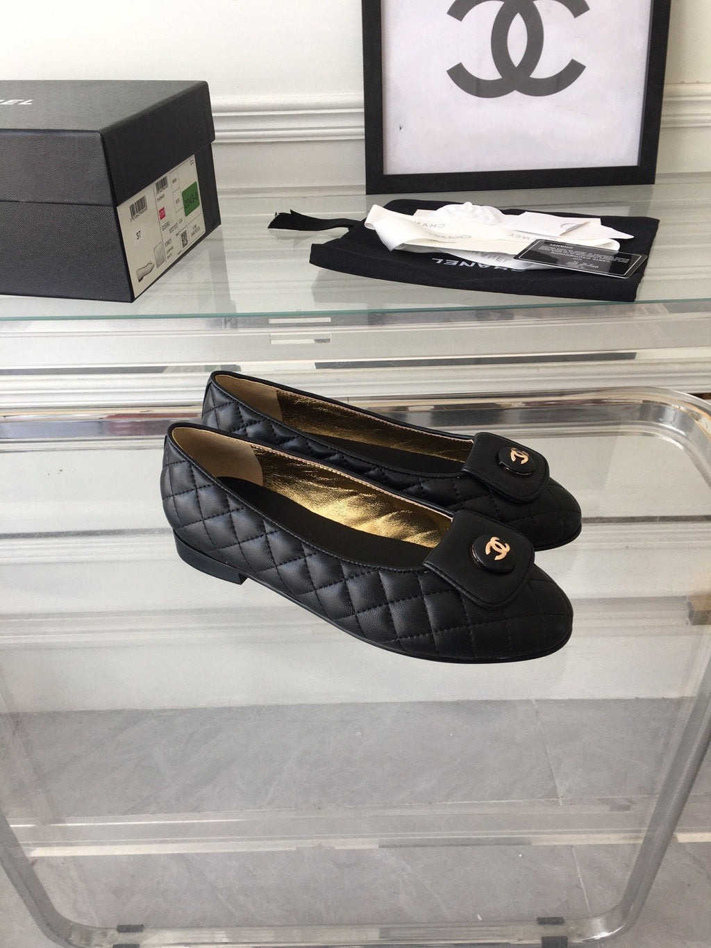 CHANEL ballet flat black quilted gold  lock
