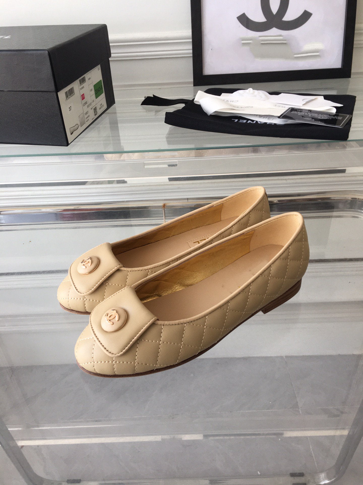 CHANEL ballet flat quilted beige gold  lock