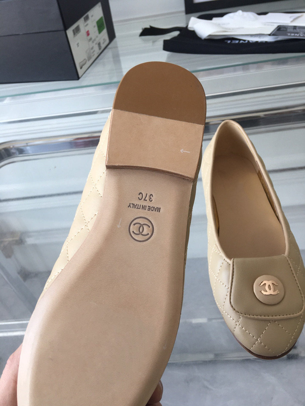 CHANEL ballet flat quilted beige gold  lock