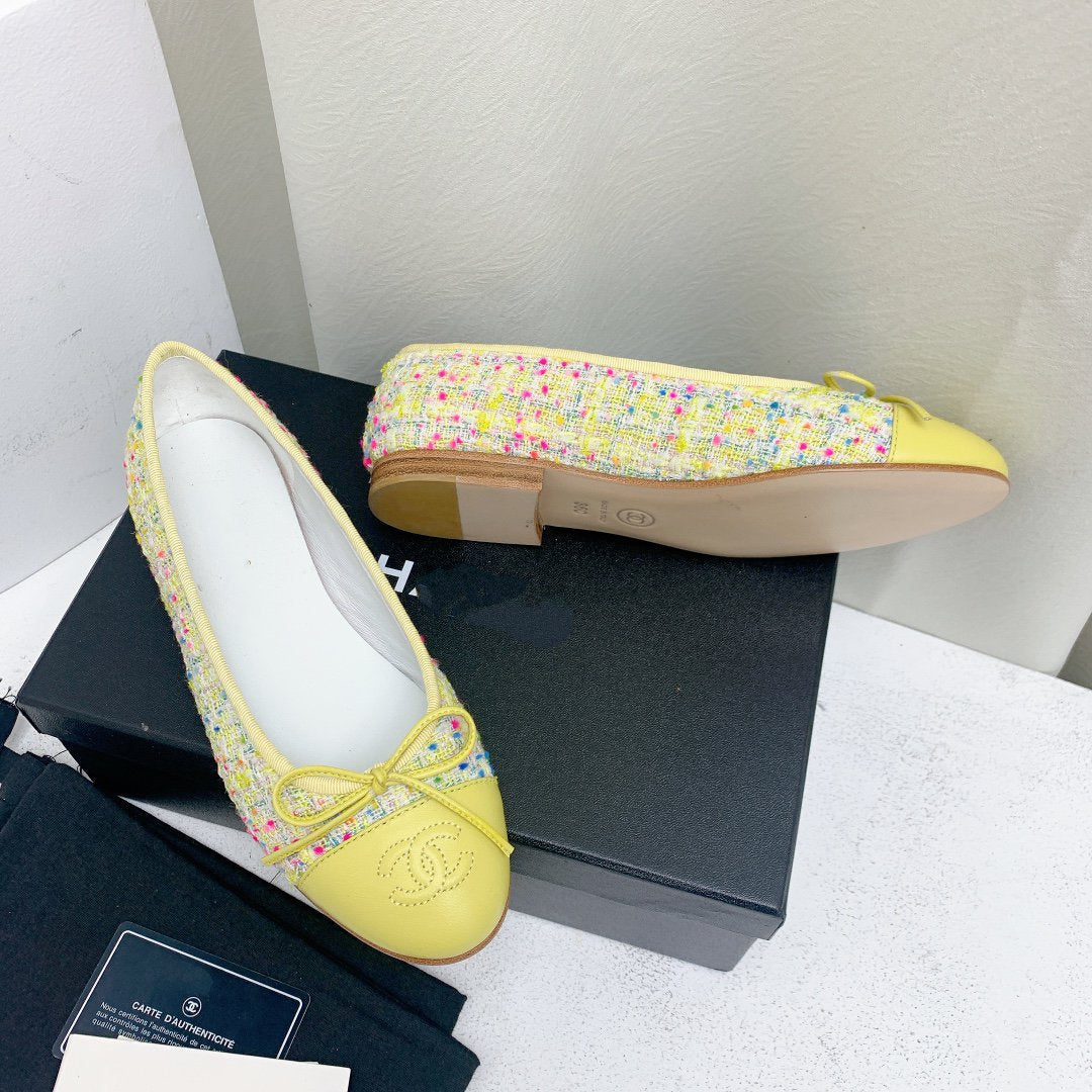 CHANEL ballet flat yellow red blue tweed grosgrain