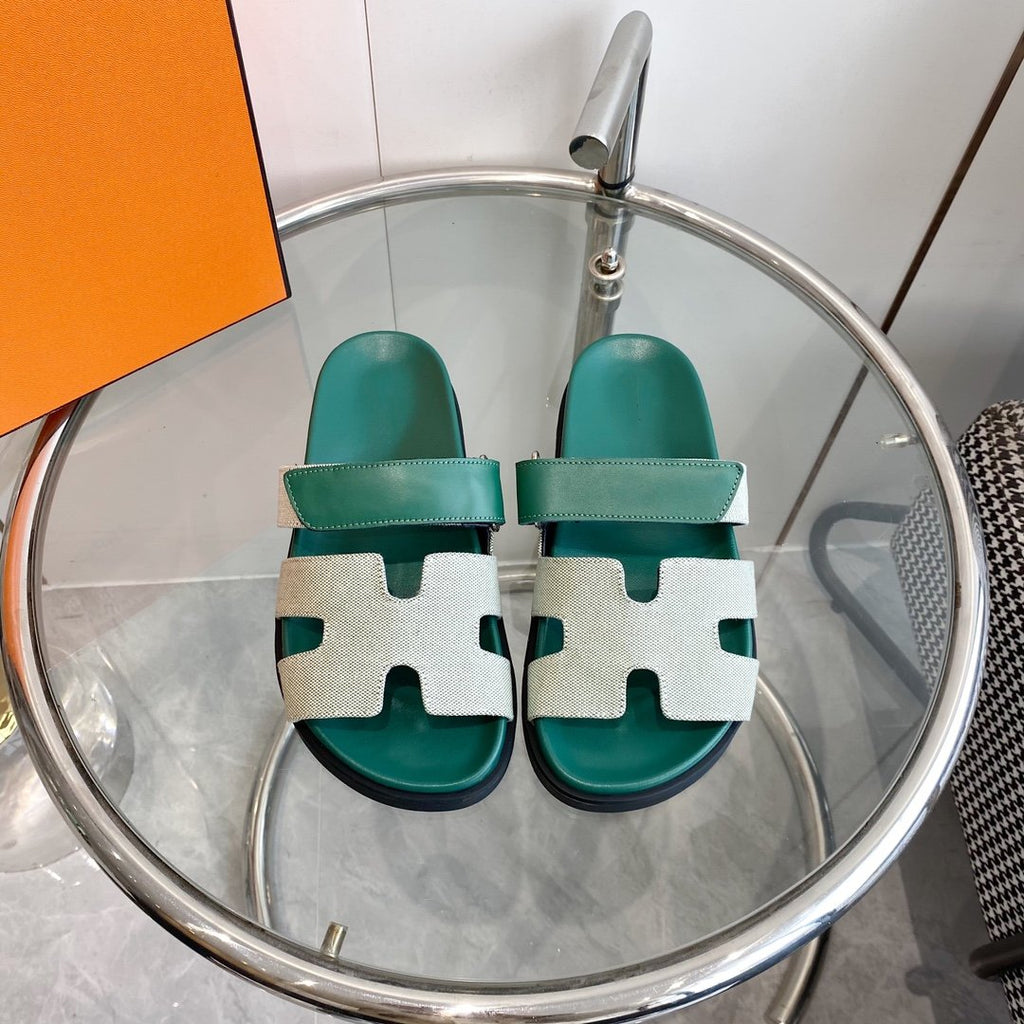 HERMES Chypre Canvas Sandal Tiff Leather
