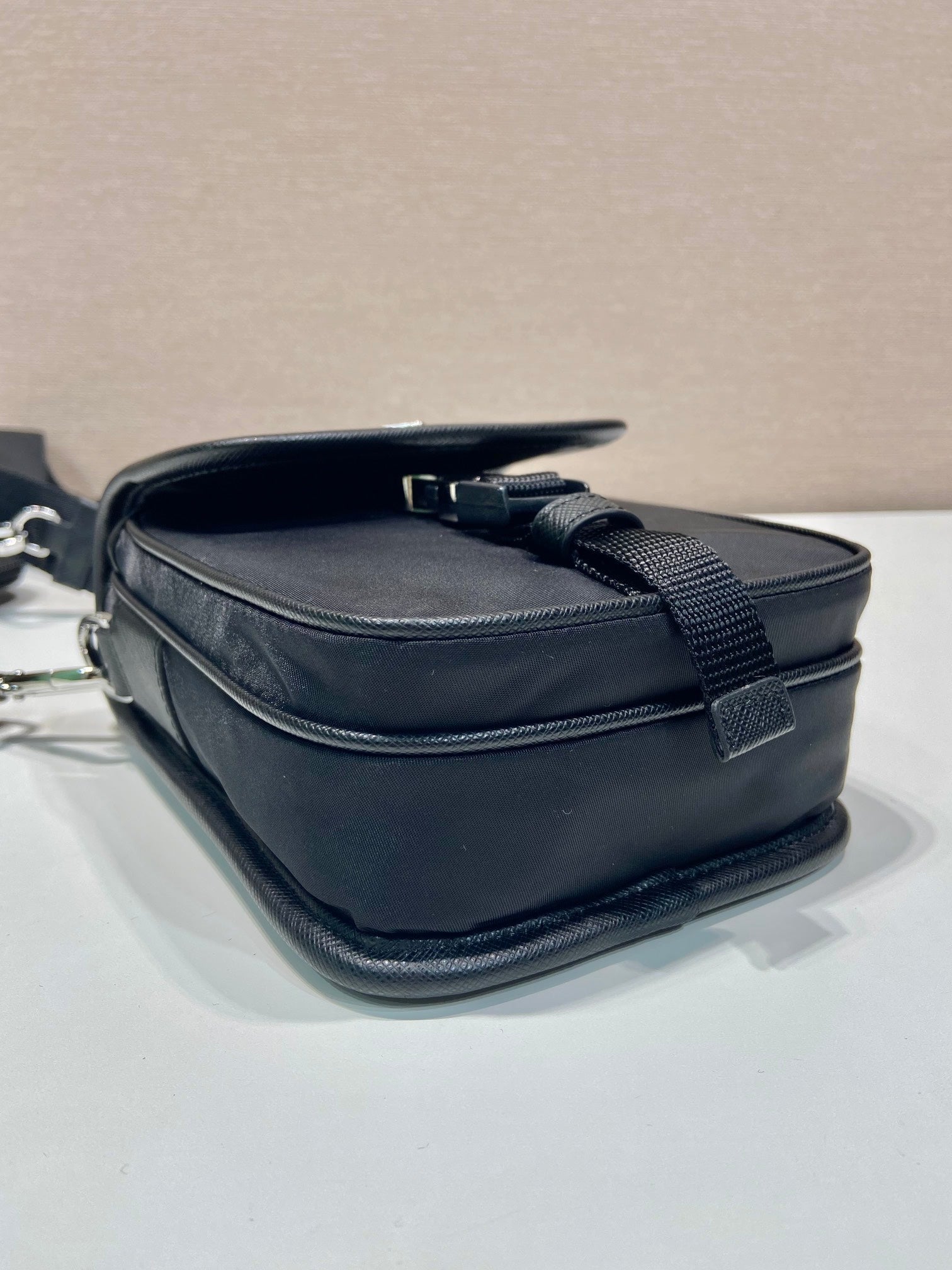 PRADA PHONE BAG 19 IN BLACK RE-NYLON AND SAFFIANO LEATHER TRIM
