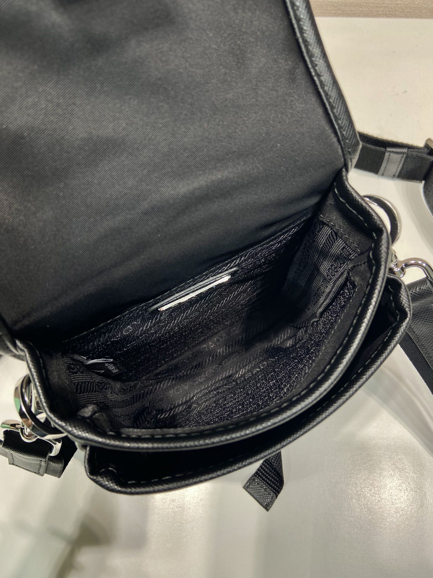 PRADA PHONE BAG 19 IN BLACK RE-NYLON AND SAFFIANO LEATHER TRIM