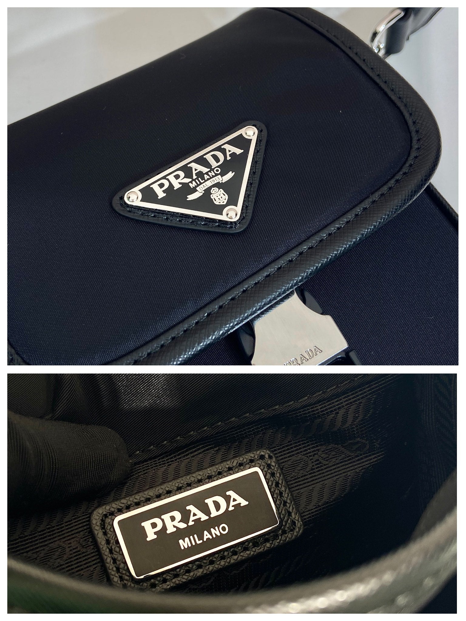 PRADA PHONE BAG 19 IN BLACK RE-NYLON AND SAFFIANO LEATHER TRIM