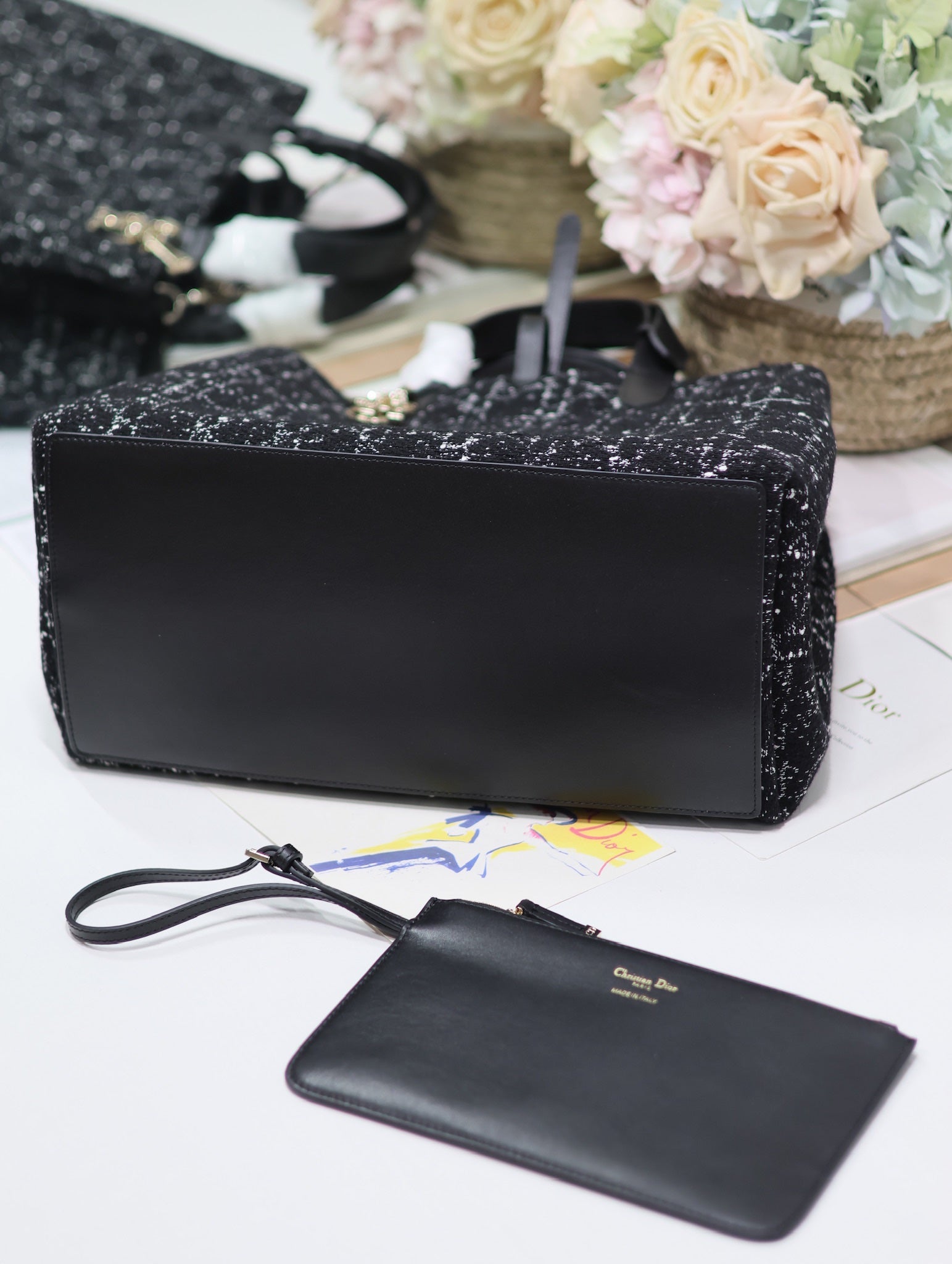 DIOR TOUJOURS BAG 37 IN BLACK MIX WHITE CANNAGE TWEED WITH GOLD HARDWARE