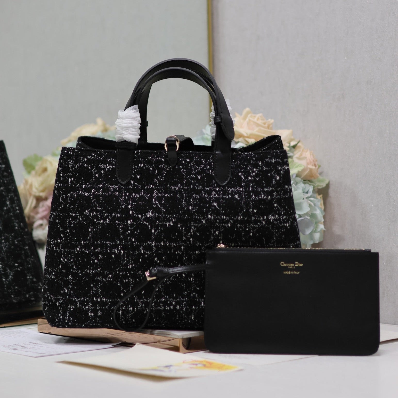 DIOR TOUJOURS BAG 37 IN BLACK MIX WHITE CANNAGE TWEED WITH GOLD HARDWARE
