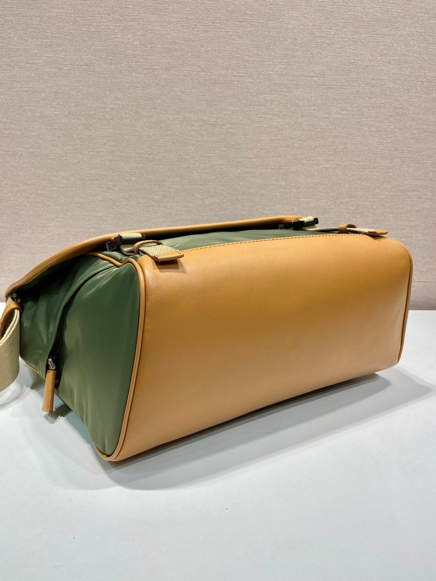 PRADA LARGE FLAP BAG 30 IN SEAWEED GREEN RE-NYLON AND BROWN CALFSKIN TRIM
