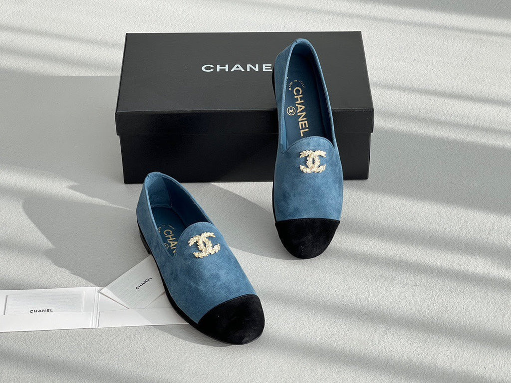 CHANEL LOAFERS IN CERULEAN BLUE MIX BLACK SUEDE