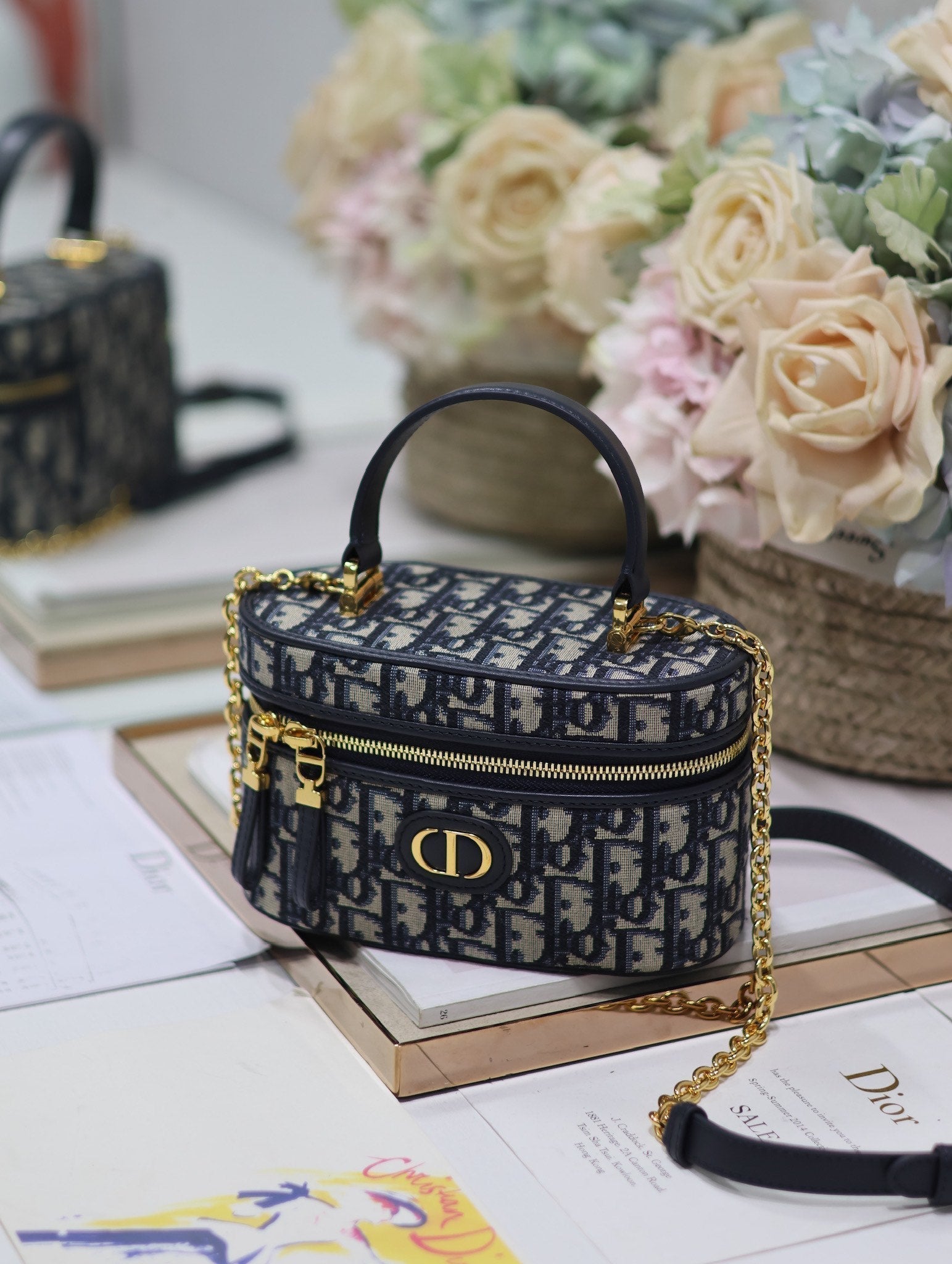 DIOR CARO 16 MINI VANITY CASE IN BLUE MONOGRAM OBLIQUE JACQUARD FABRIC