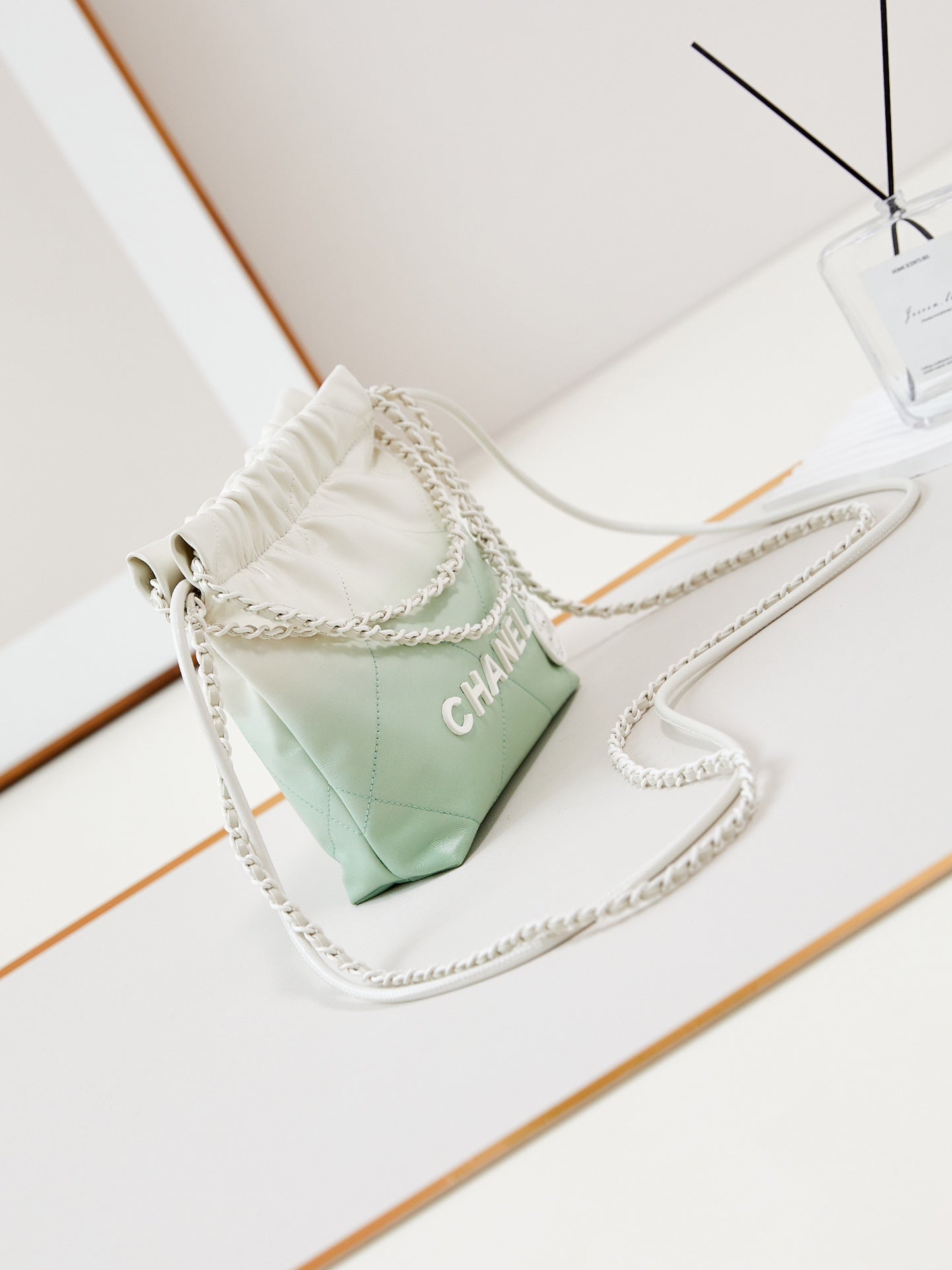 CHANEL MINI 20 HOBO BAG IN WHITE MIX LIGHT GREEN CALFSKIN