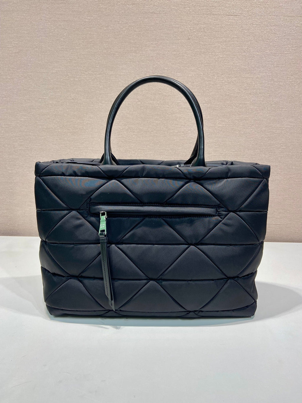 PRADA TRIANGLE PATTERN TOTE BAG 33 IN BLACK QUILTED RE-NYLON