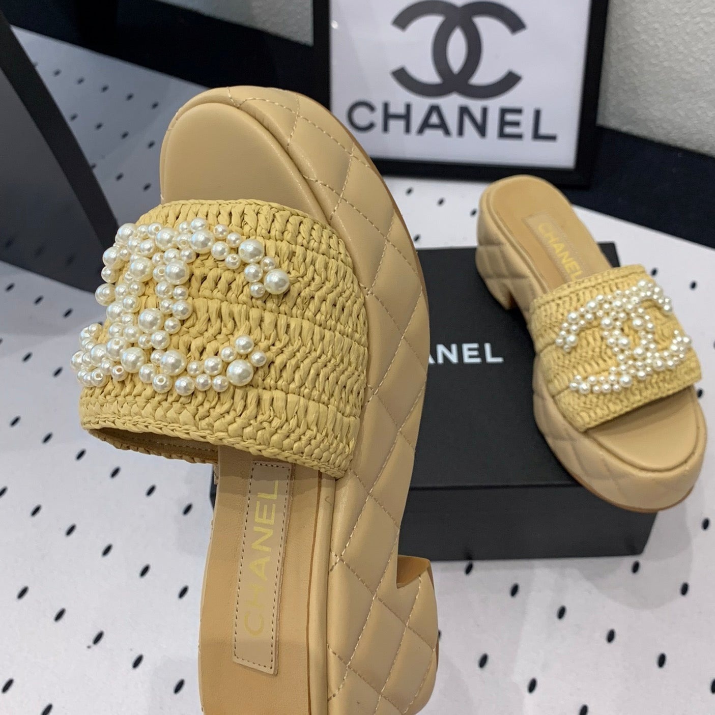CHANEL Double  pearl platform sandals Sheepskin Fawn Yellow