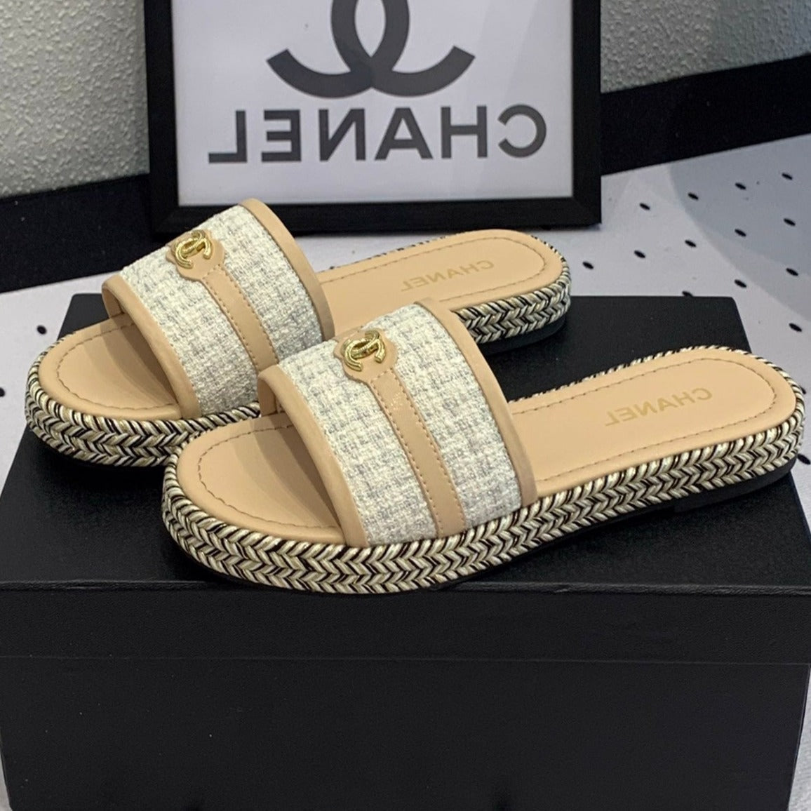 CHANEL Double  Women Beige Cream/ White Slippers Calfskin