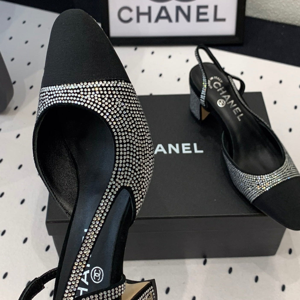 CHANEL Double  Rhinestone Slingback Sheepskin Silver Black