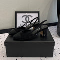 CHANEL Double  Rhinestone Slingback Sheepskin Black