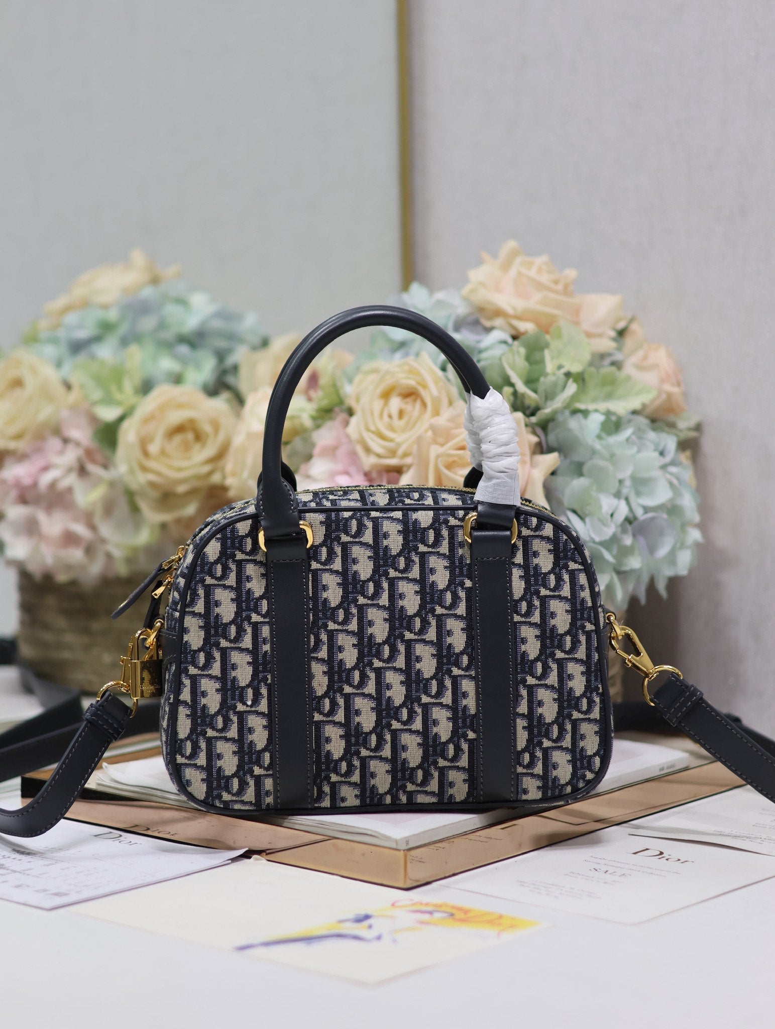 DIOR SMALL 25 D-VIBE BOWLING BAG IN BLUE MONOGRAM OBLIQUE JACQUARD