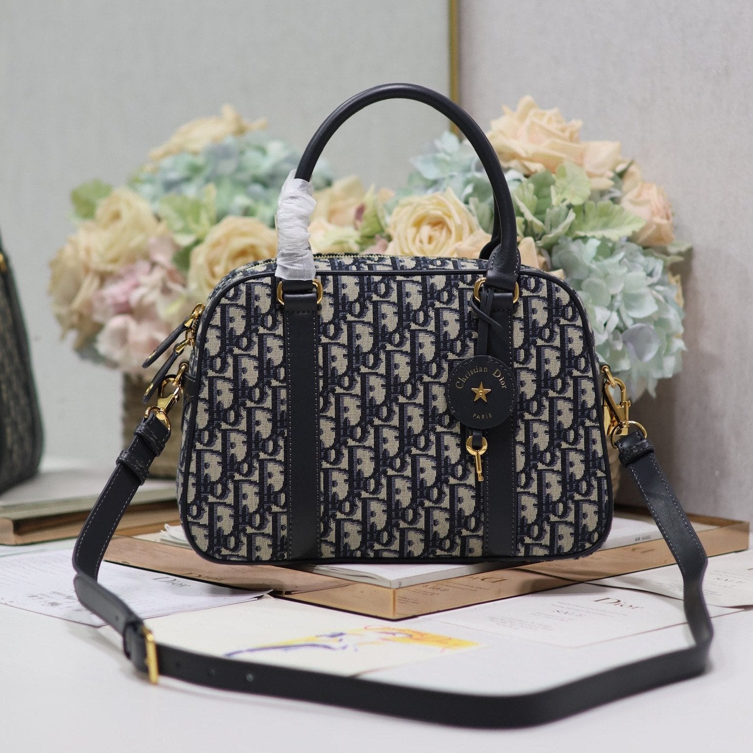DIOR MEDIUM 31 D-VIBE BOWLING BAG IN BLUE MONOGRAM OBLIQUE JACQUARD