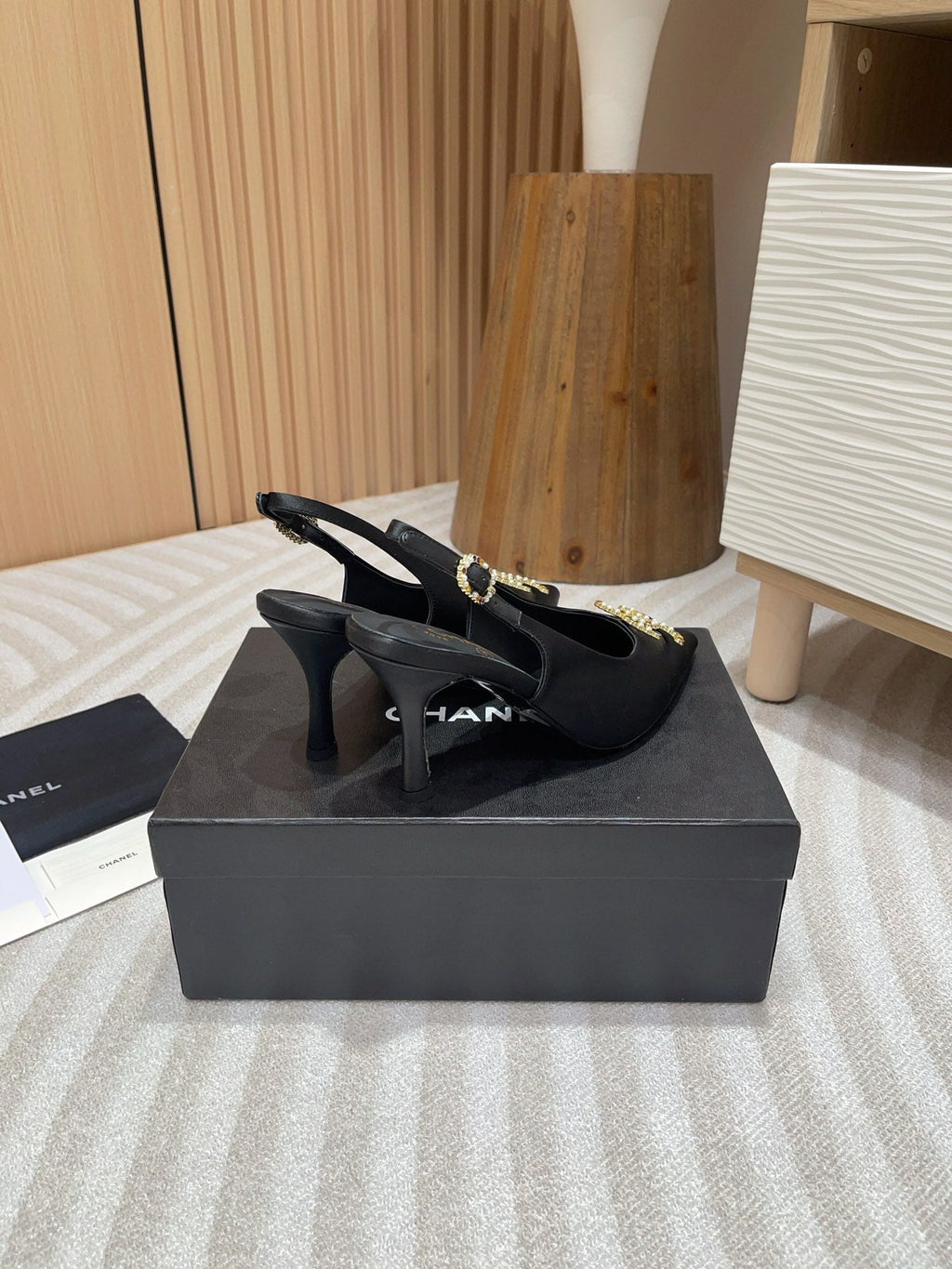 CHANEL HIGH SLINGBACKS BLACK SATIN AND LAMBSKIN