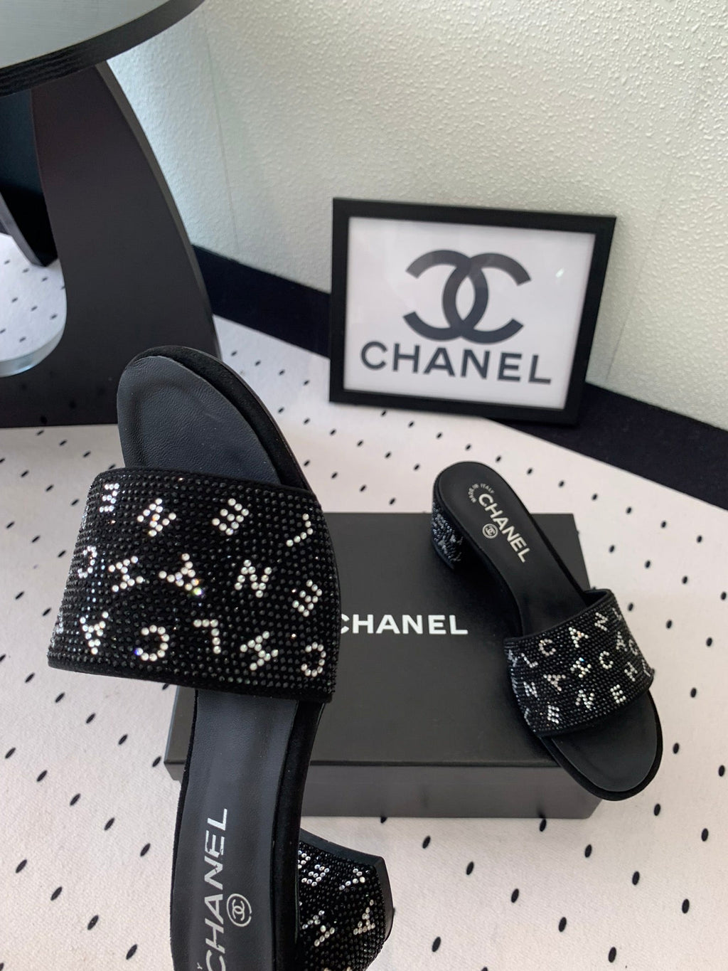 CHANEL RHINESTONE LETTER HIGH HEELS BLACK LAMBSKIN