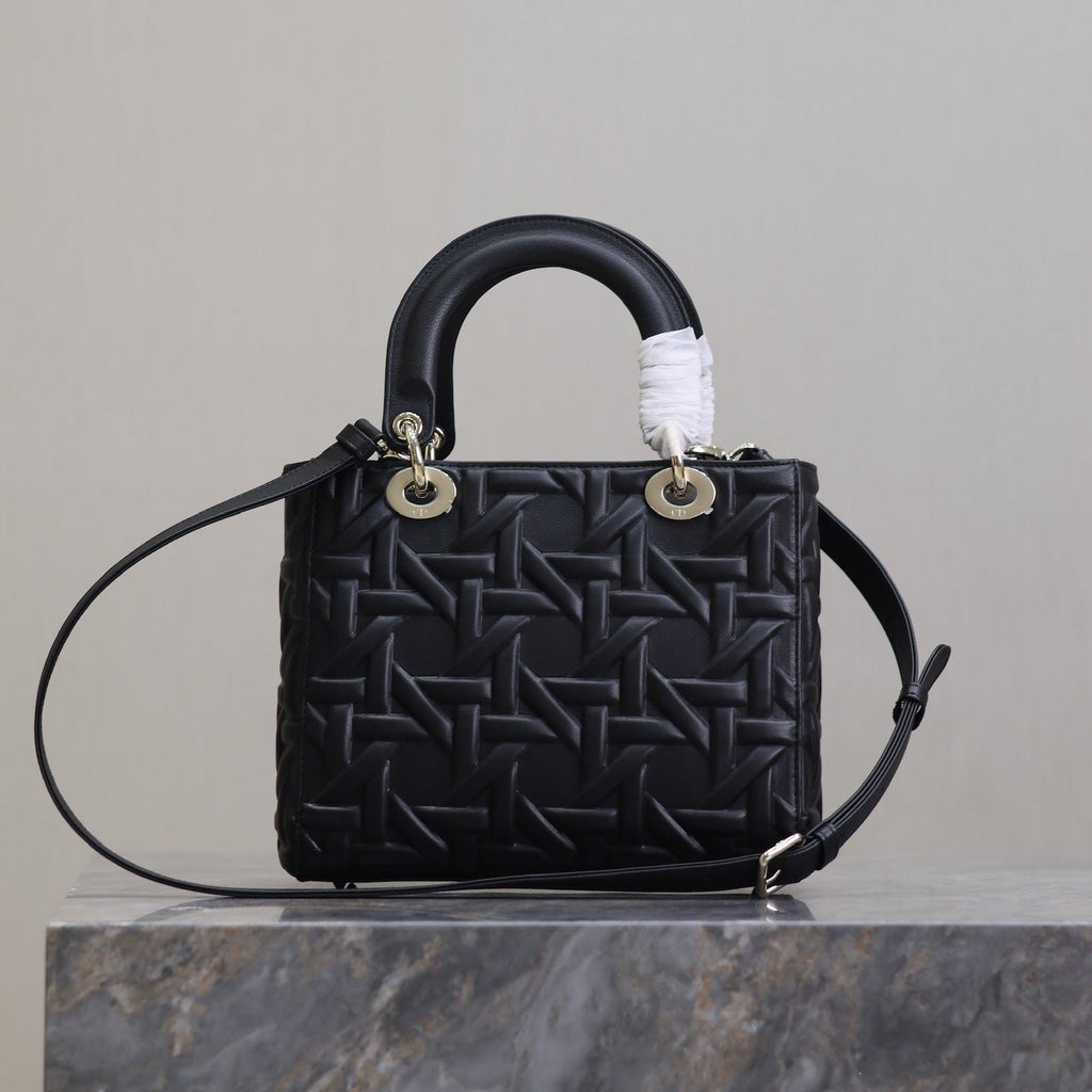 DIOR LADY BAG 24 IN BLACK GRAPHIC CANNAGE CALFSKIN PALE GOLD-FINISH METAL CHARMS
