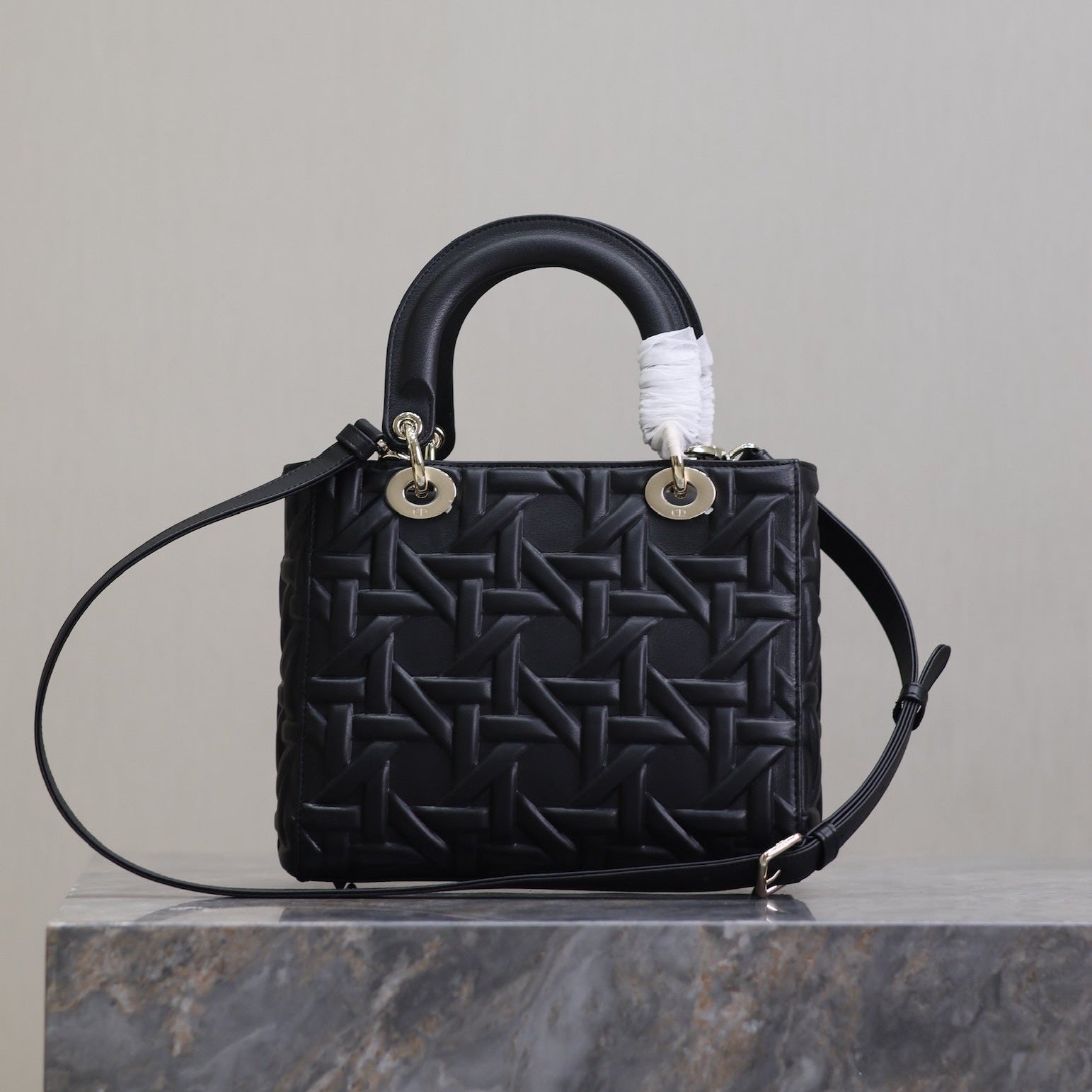 DIOR LADY BAG 24 IN BLACK GRAPHIC CANNAGE CALFSKIN PALE GOLD-FINISH METAL CHARMS