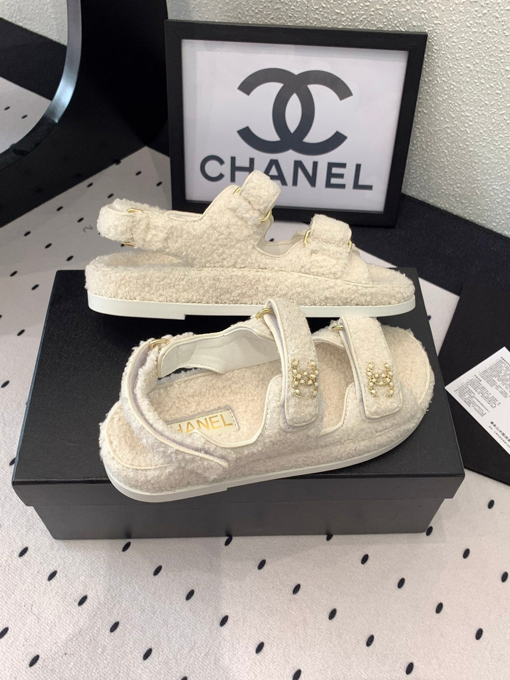 CHANEL DAD SANDAL WHITE LAMB FUR